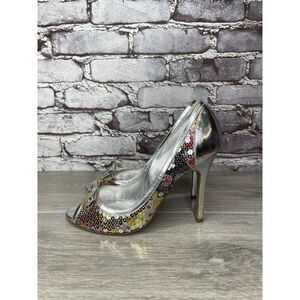 Luciano Padovan Silver Leather Bow Peep Toe Sequin Heels Women’s Sz 37.5EU/7M US
